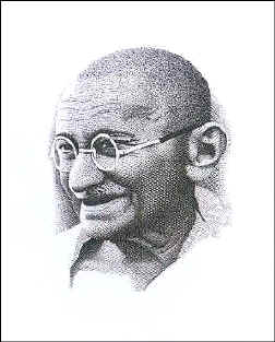 Slania's Gandhi-engraving, scanned from an image of Jerzy Krysiak's exhibition catalogue in the Postal Museum in Wroclaw (Poland). 