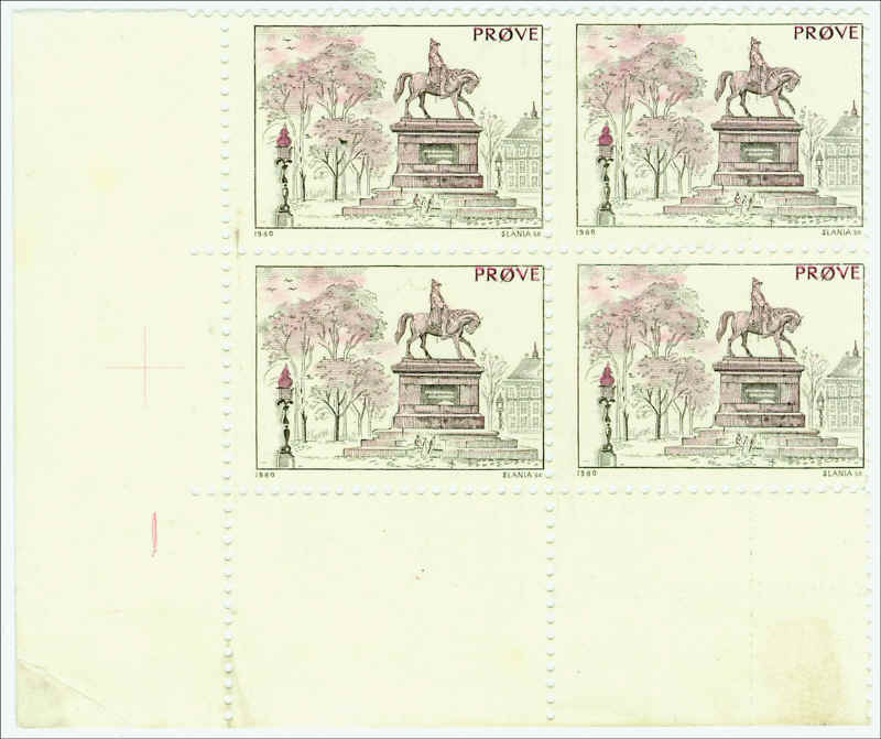 Denmark 1980. Preliminary test label of the Danish test stamp "Equestrian Statue", appearing with selvedge in a corner block of four. 