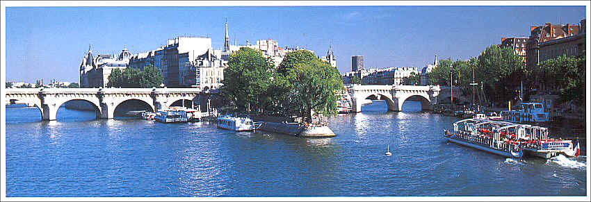 Postcard showing a panoramic view of the River Seine in Paris with the western tip of Ile de la Cit in the center, and the beginning of Htel de la Monnaie (on Quai de Conti) on the far right, behind the barges. The bridge is Pont Neuf (New Bridge). 