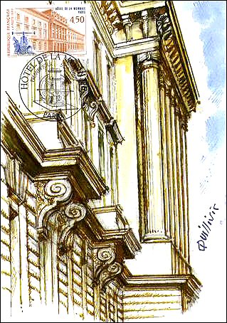 France 1999. Maximum Card showing a fragment of Hotel de la Monnaie, with its impressive columns at the entrance, FD-cancelled in Paris 05.06.1999. 