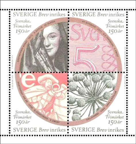 Sweden 2005. Commemorative booklet-pane commemorating the sesquicentennial of Swedish Post Stamps, containing the re-use of Slania's engraving from 1972.